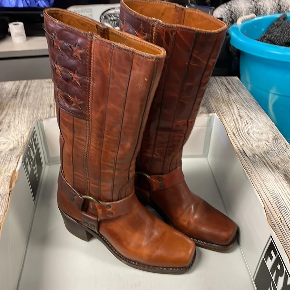 Frye Brown Leather Harness Knee-High Heeled Boots - Picture 4 of 10